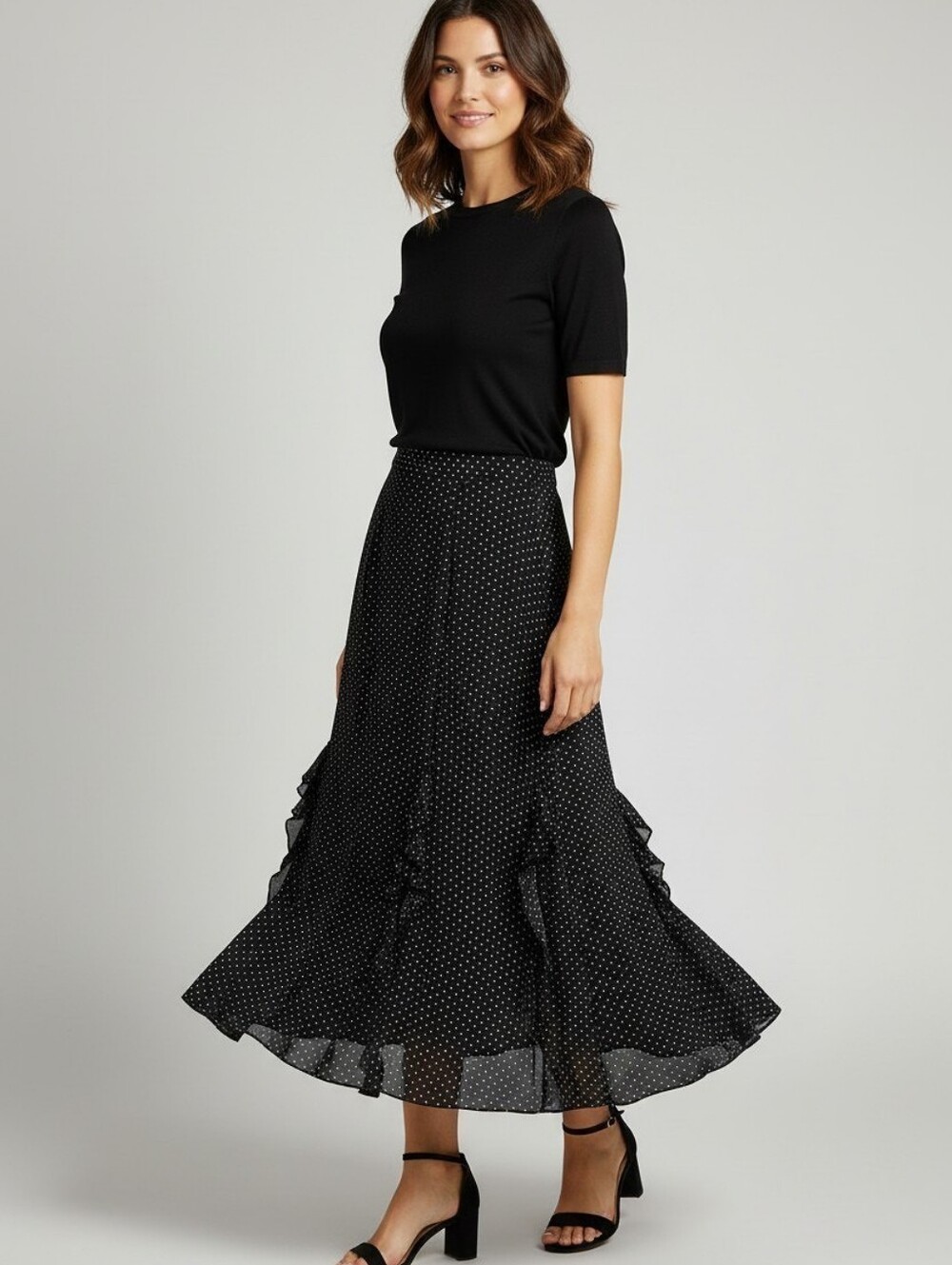 Vintage Chancelle Black Polka Dot Ruffle Flounce Midi Skirt Size 14
